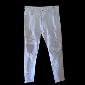 Fashion Jeans Distressed White Jeans Women Size 32 Waffle Patch Knees 5 Pocket